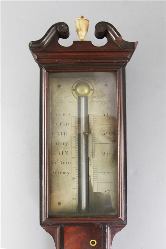 Harris & Co, 30 Holborn, London and Hamburg. An early 19th century mahogany stick barometer, H.3ft 3in.